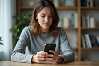 Femme consultant son smartphone pour gérer ses contacts sur Messenger