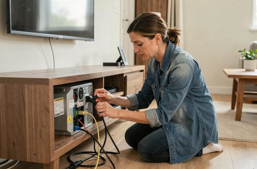 Femme inspectant les câbles de sa Freebox derrière le meuble télévision pour résoudre un problème de connexion