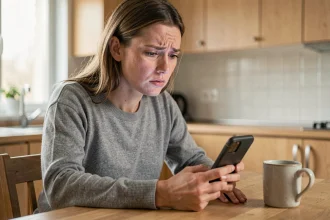Femme inquiète regardant son iPhone à la recherche de photos supprimées définitivement