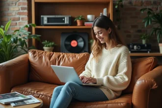 Jeune femme écoutant de la musique convertie en MP3 sur son ordinateur portable dans un salon vintage avec des vinyles