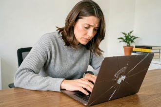 Femme inspectant un écran de MacBook cassé à son bureau à domicile