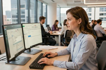 Femme professionnelle utilisant Microsoft Outlook pour configurer un envoi d'emails groupés automatisé depuis son bureau en open space