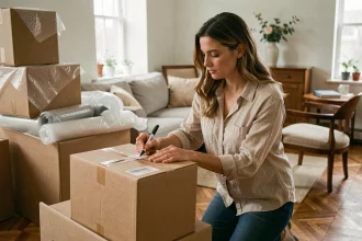 Femme préparant des cartons de déménagement dans un salon en cours de vidage avant un changement d'adresse
