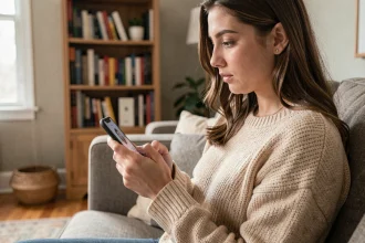 Jeune femme regardant discrètement les stories Instagram sur son smartphone dans un salon cosy