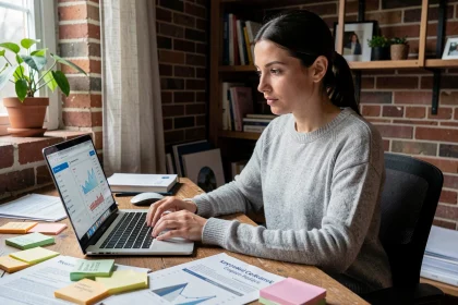 Femme spécialiste SEO analysant des mots-clés longue traîne sur un ordinateur portable dans un bureau à domicile