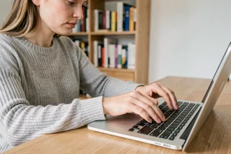 Femme cherchant la touche arobase sur un clavier d'ordinateur portable dans un bureau à domicile