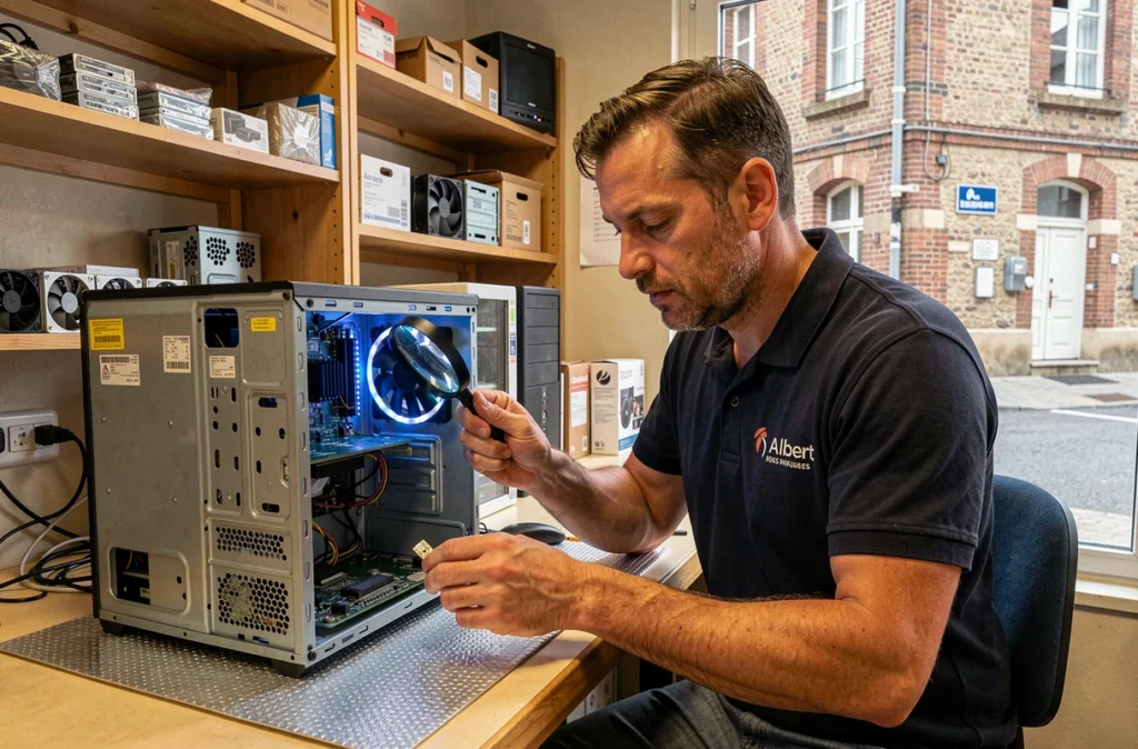 Technicien réparateur de Geoffrey Informatique examinant une carte mère sur un établi dans une boutique informatique locale près d'Albert dans la Somme
