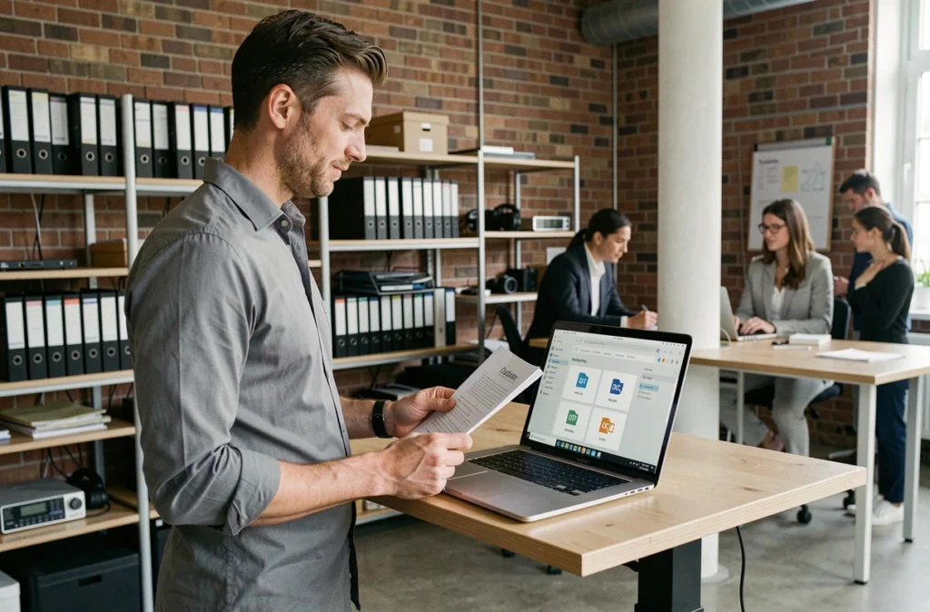 Employé gérant des fichiers ODT et Word sur un ordinateur portable dans un espace de travail collaboratif moderne