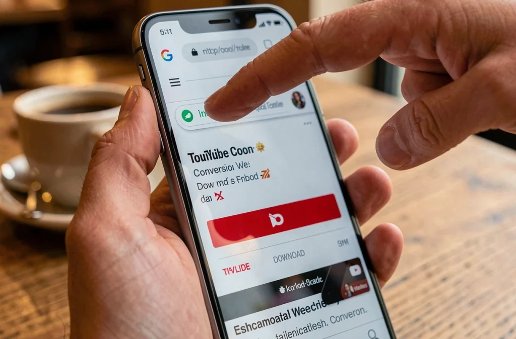 Gros plan d'un smartphone affichant un site de conversion YouTube MP3 dans un café