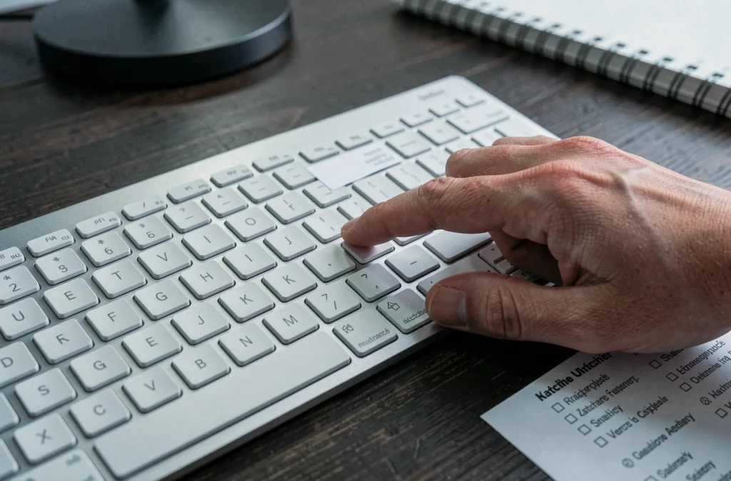 Gros plan sur un clavier AZERTY français avec indication visuelle de la touche antislash