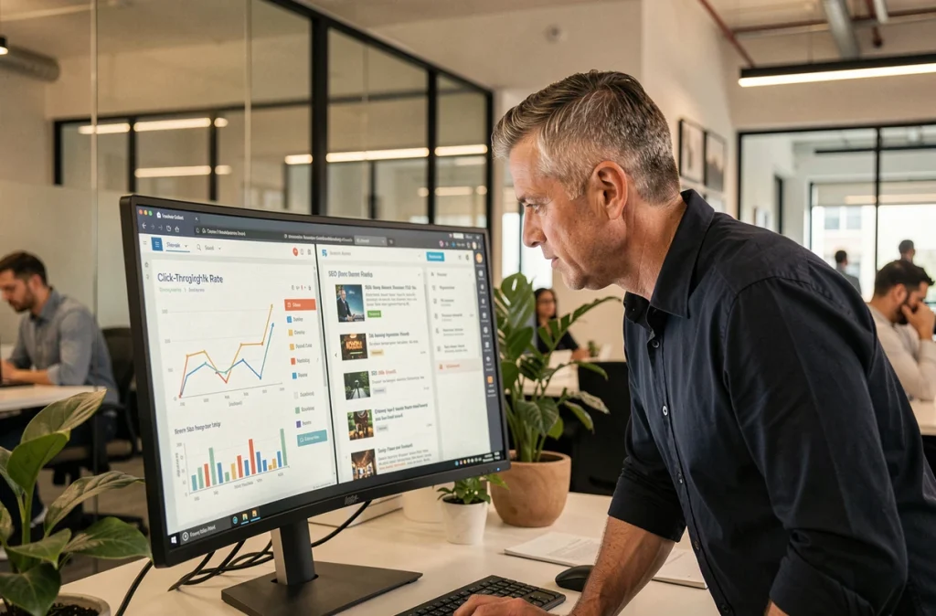Homme analysant les statistiques de taux de clic et les aperçus de balises meta sur un tableau de bord SEO professionnel