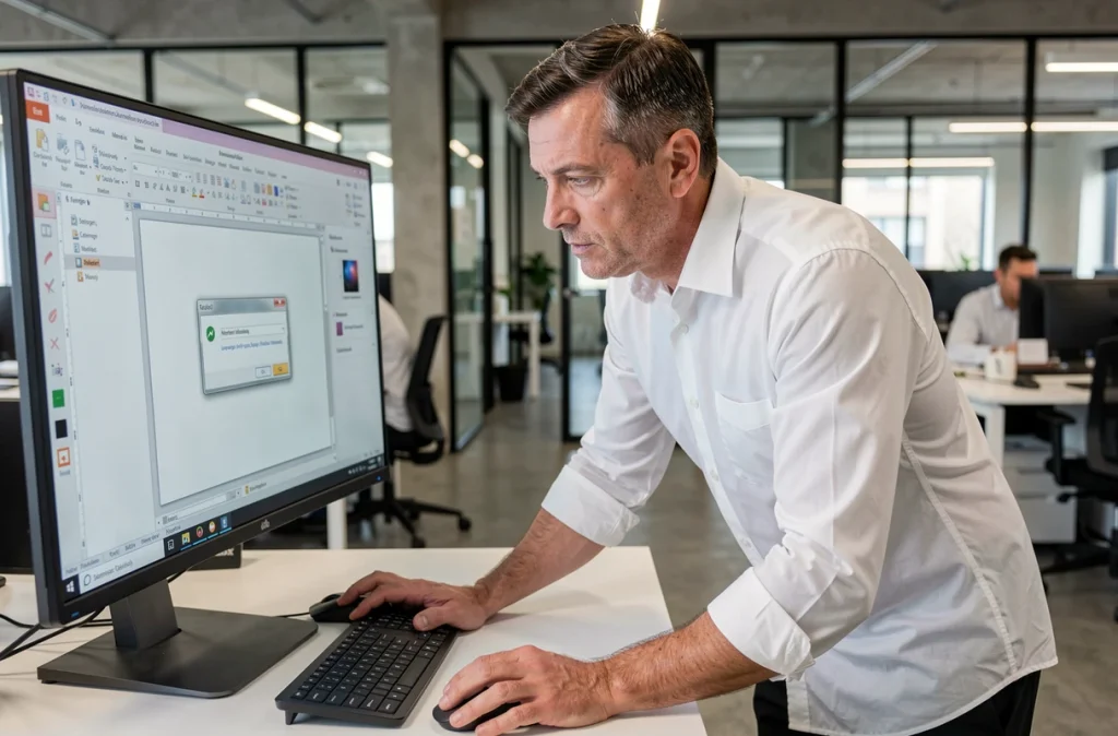 Homme en entreprise configurant un filigrane personnalisé sur un document PDF via un logiciel d'édition sur grand écran