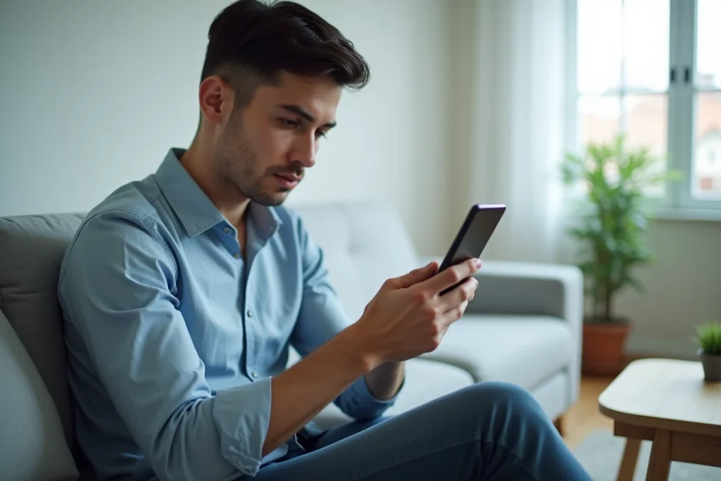 Homme gérant une demande de message sur l'application Messenger depuis son canapé