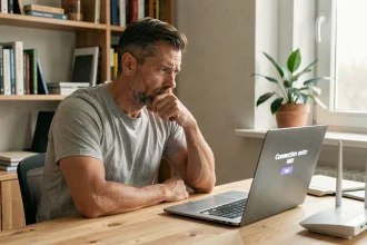 Homme frustré devant un écran d'erreur de connexion avec une Freebox sur son bureau à domicile