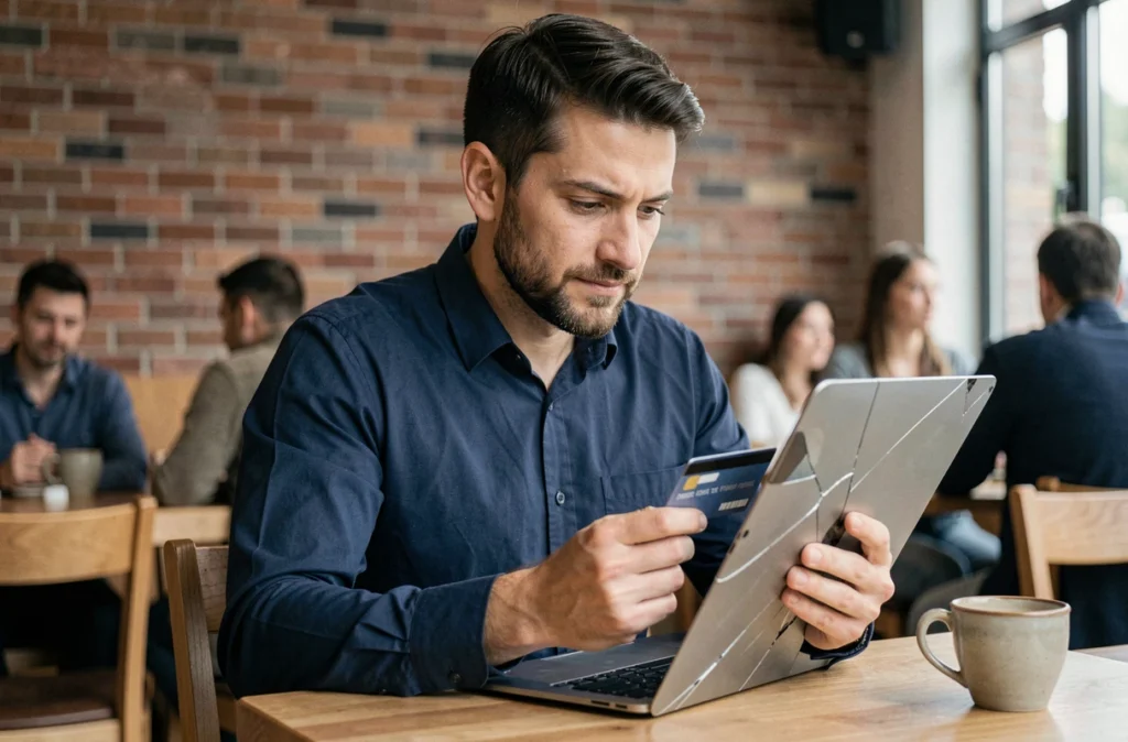 Homme tenant un MacBook cassé et une carte bancaire dans un café
