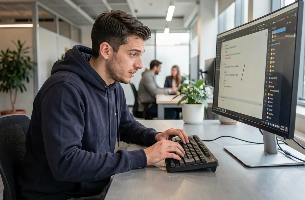 Homme en open space découvrant le raccourci clavier antislash sur un clavier AZERTY