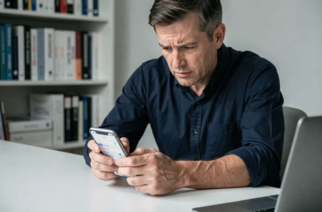 Homme consultant les paramètres iPhone pour récupérer des photos effacées définitivement