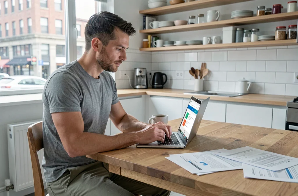 Homme consultant un service de déménagement en ligne depuis son appartement urbain avec des documents administratifs