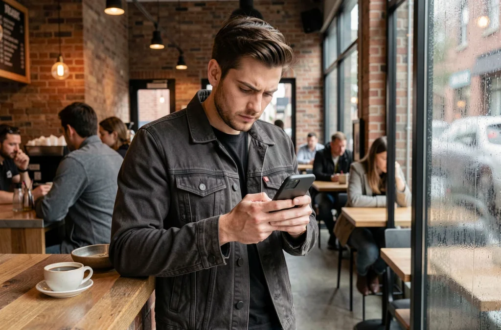 Homme consultant anonymement des stories Instagram sur son téléphone dans un café urbain