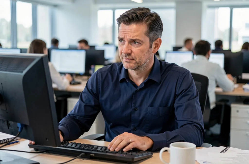 Homme perplexe face à un clavier d'ordinateur de bureau en open space cherchant le symbole arobase