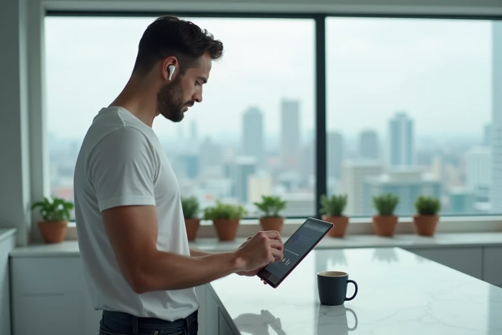 Homme écoutant ses morceaux MP3 convertis via une tablette dans une cuisine moderne avec vue sur la ville