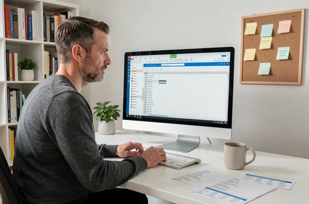 Homme en télétravail configurant un publipostage automatique dans Microsoft Outlook avec une liste de contacts Excel ouverte sur son écran