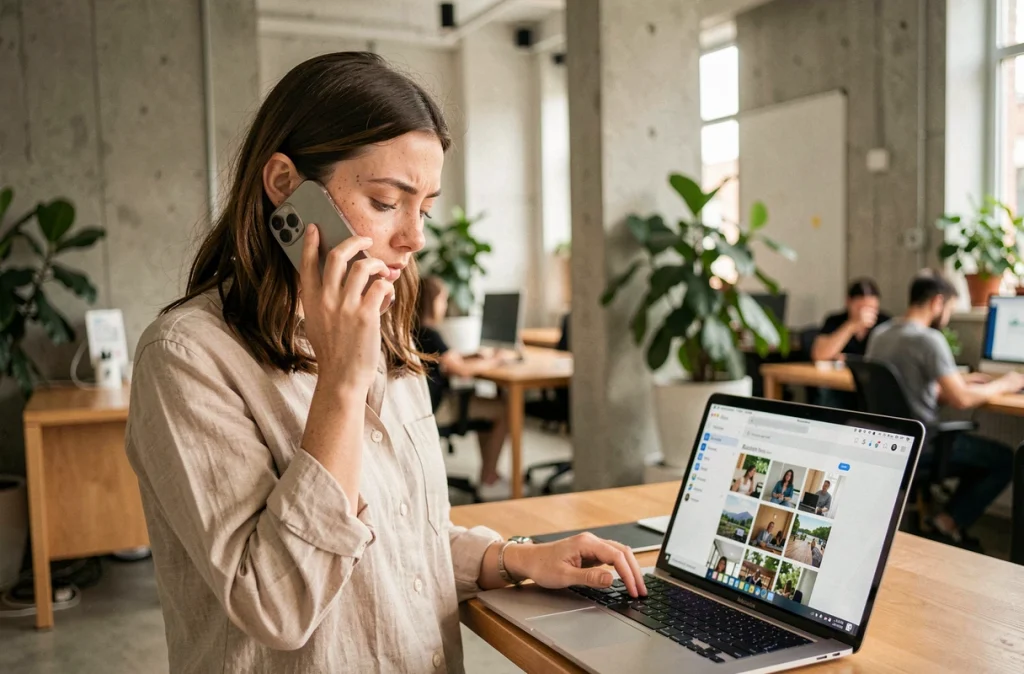 Jeune femme utilisant iCloud sur iPhone et MacBook pour récupérer des photos supprimées