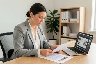 Femme en bureau à domicile insérant une photo dans un PDF scanné sur ordinateur portable