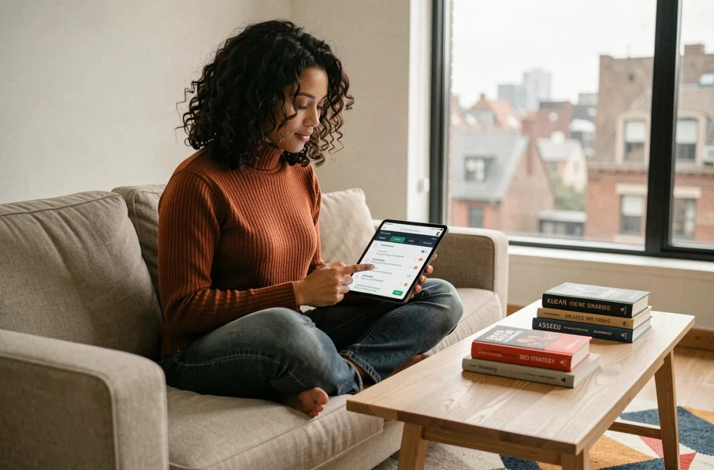 Jeune femme consultant un outil de recherche de mots-clés longue traîne sur une tablette dans un salon moderne