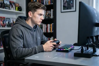 Joueur intensif de PS4 avec manette connectée à un chargeur double dock sur un bureau gaming moderne