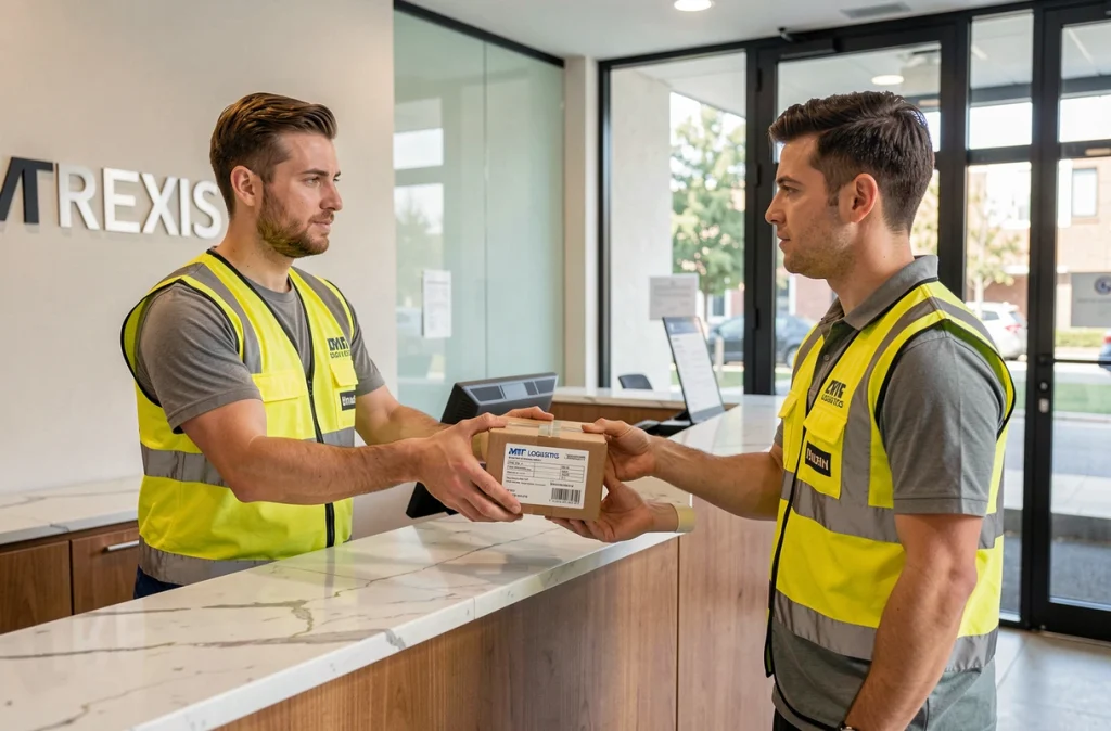 Livreur remettant un colis tracé à la réception d'une entreprise professionnelle
