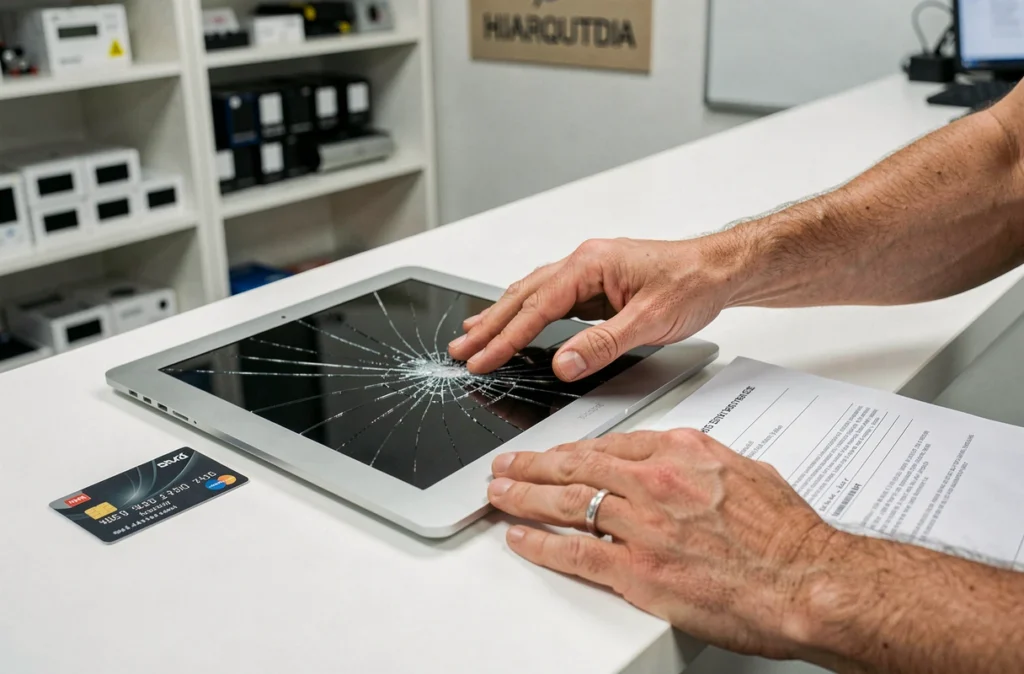 Mains déposant un MacBook avec écran fissuré sur un comptoir de réparation avec carte bancaire et document d'assurance