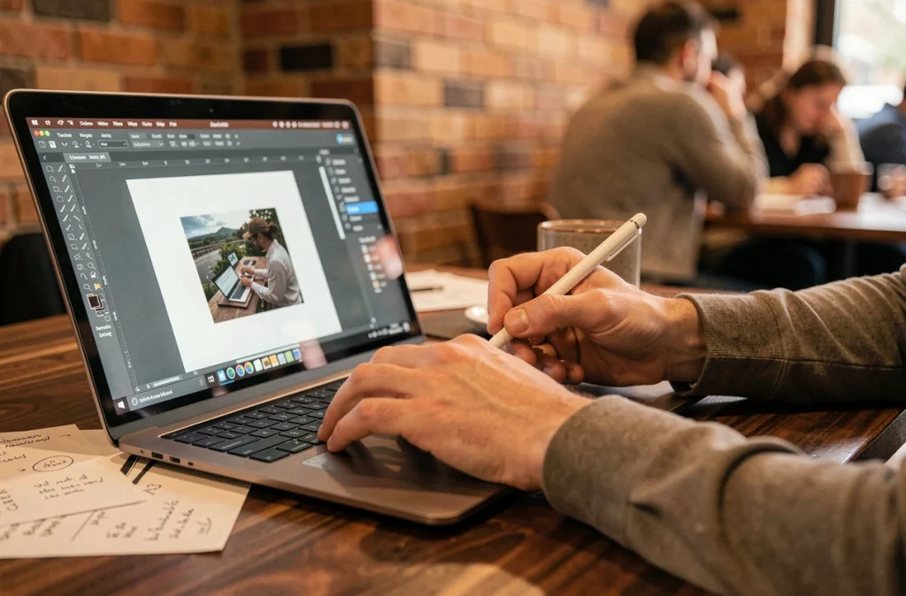 Gros plan de mains utilisant une tablette graphique pour insérer une photo dans un PDF scanné