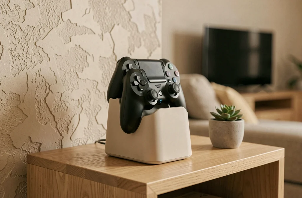 Deux manettes PS4 en charge sur un dock vertical posé sur une table de nuit dans un salon gaming