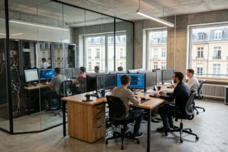 Vue panoramique d'un open space informatique moderne dans la Somme avec des techniciens collaborant autour de postes de travail
