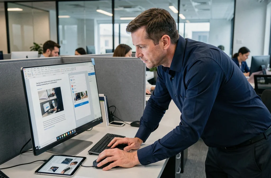 Professionnel masculin modifiant un fichier PDF scanné pour y insérer une image sur grand écran