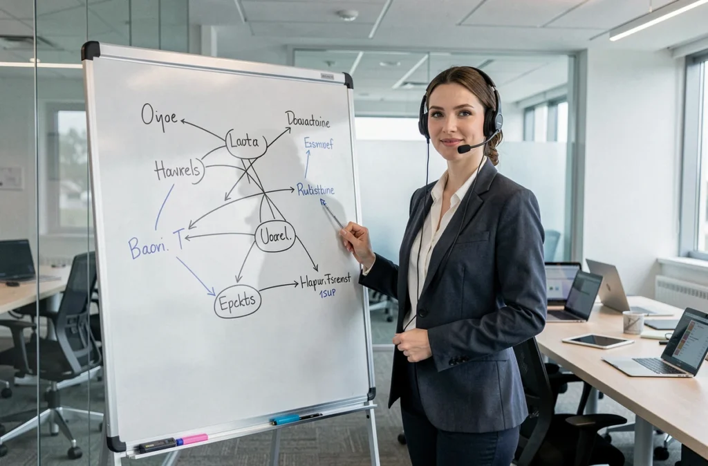 Consultante IT de NowTeam debout devant un tableau blanc avec un schéma réseau dans un bureau moderne