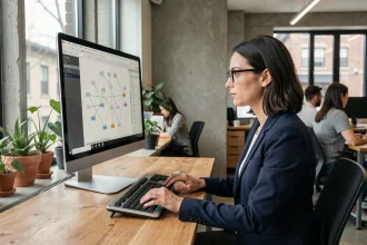 Une professionnelle analyse une carte de maillage interne sur son écran dans un bureau moderne