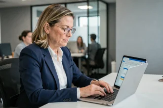 Professionnelle consultant les champs CC et CCI d'un email sur un ordinateur portable dans un bureau moderne