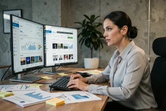 Professionnelle analysant l'optimisation des images sur des tableaux de bord SEO devant deux écrans d'ordinateur dans un bureau moderne