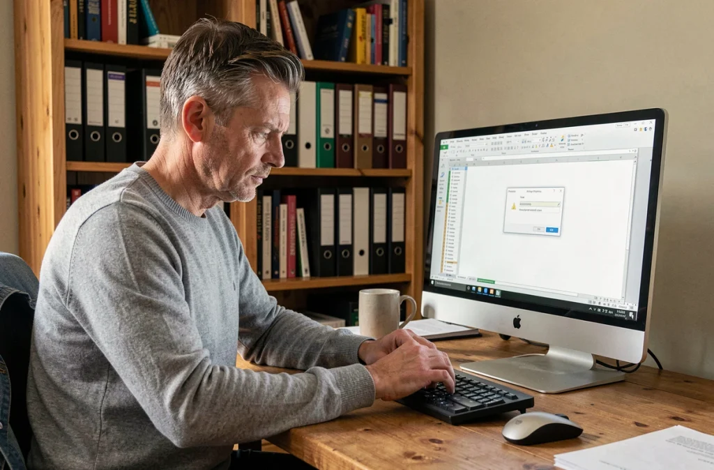 Homme travaillant depuis chez lui pour protéger un fichier Excel par mot de passe sur ordinateur de bureau