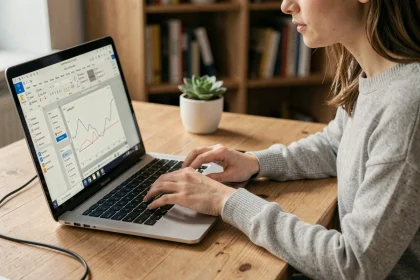 Femme utilisant des raccourcis clavier sur Microsoft Word dans un bureau à domicile moderne