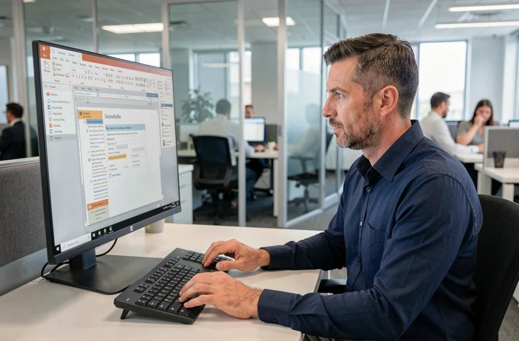 Professionnel utilisant des raccourcis clavier Word dans un bureau en open space