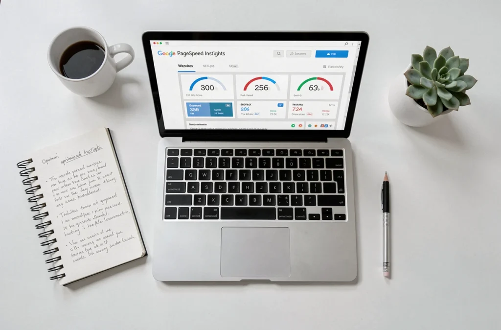 Vue aérienne d'un bureau avec rapport Google PageSpeed Insights et notes d'optimisation SEO