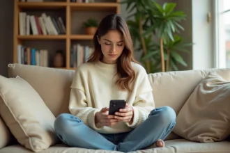 Jeune femme consultant discrètement des stories Instagram sur son smartphone depuis son canapé