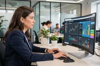 Responsable PME analysant un tableau de bord BI en temps réel sur grand écran dans un bureau moderne