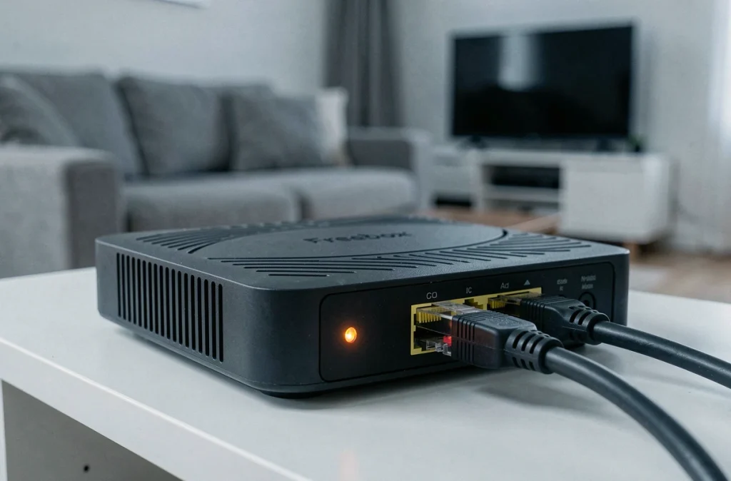Routeur Freebox avec voyant rouge indiquant une erreur de connexion au serveur sur une étagère blanche