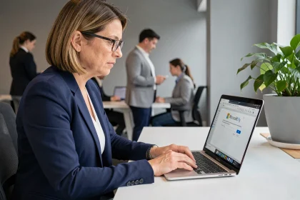 Femme professionnelle sécurisant un fichier Word avec un mot de passe sur son ordinateur portable au bureau