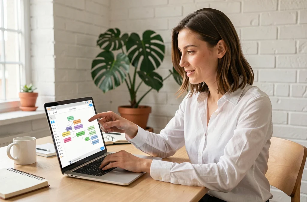 Professionnelle du référencement SEO consultant un plan de site avec des structures d'URL hiérarchiques sur un ordinateur portable