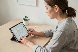 Femme signant électroniquement un document PDF sur tablette avec stylet dans un bureau minimaliste